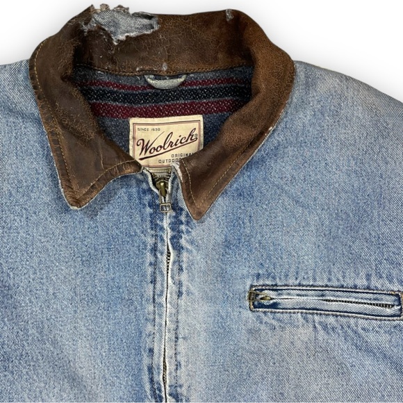 Woolrich 90s Denim Work Jacket Men's L Leather Collar Blanket Lined Distressed - Picture 2 of 16